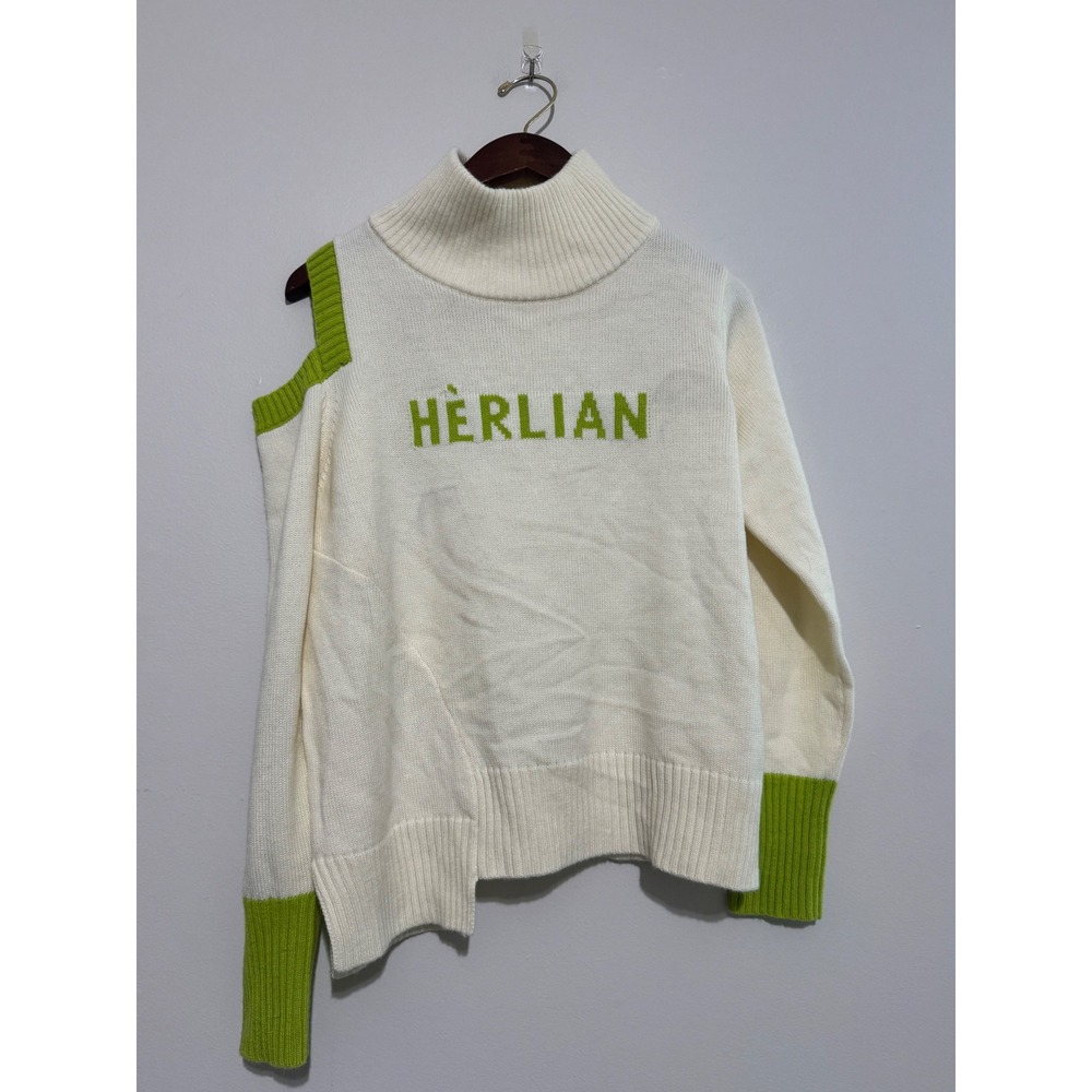 Herlian Women White Wool Cold Shoulder Turtleneck Asymmetrical Sweater Size S
